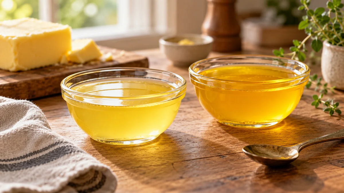 دو ظرف روغن زرد کنار کره و قاشق چوبی برای راهنمای انتخاب روغن گاوی و گوسفندی