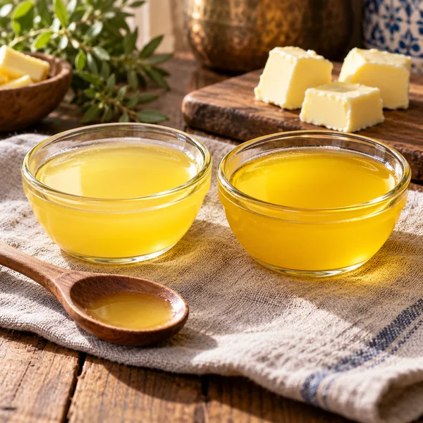 دو کاسه روغن زرد و قاشق چوبی برای مقالهٔ مقایسهٔ روغن گاوی و گوسفندی