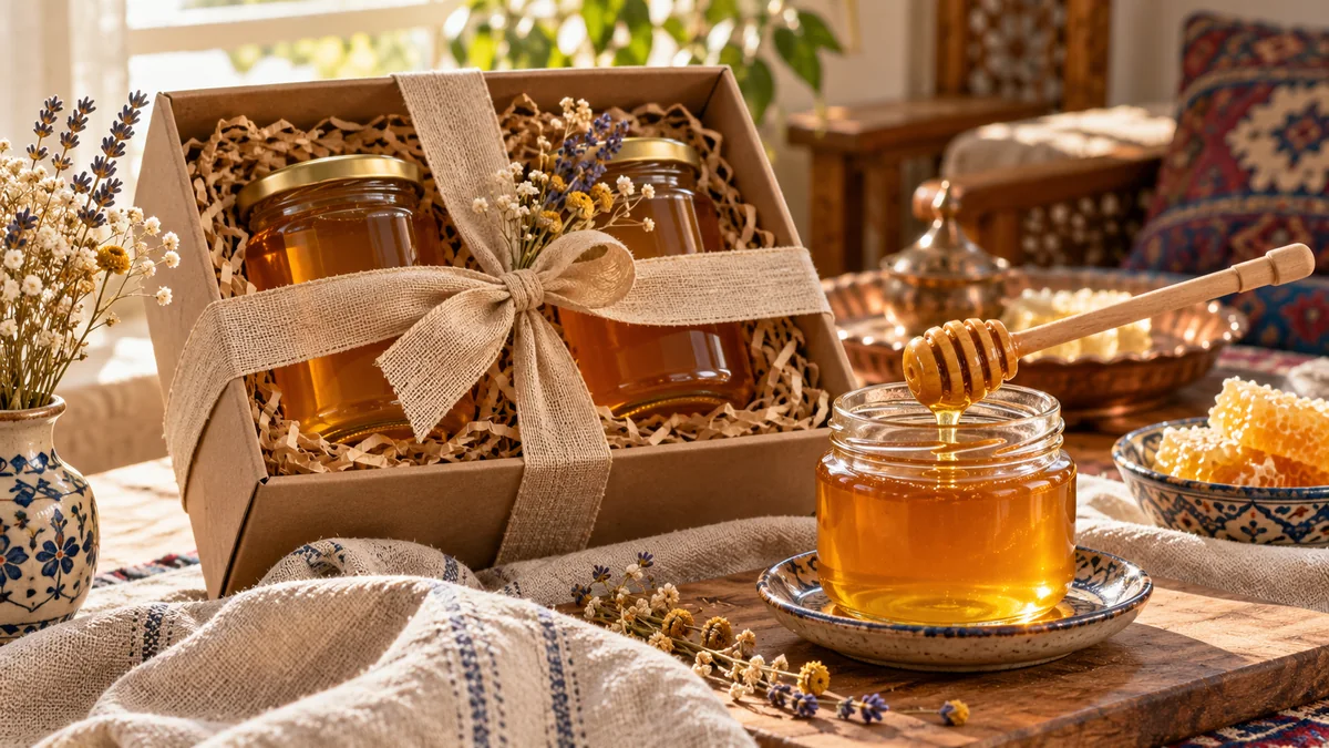 چیدمان هدیه شامل شیشههای عسل و قاشق چوبی روی میز