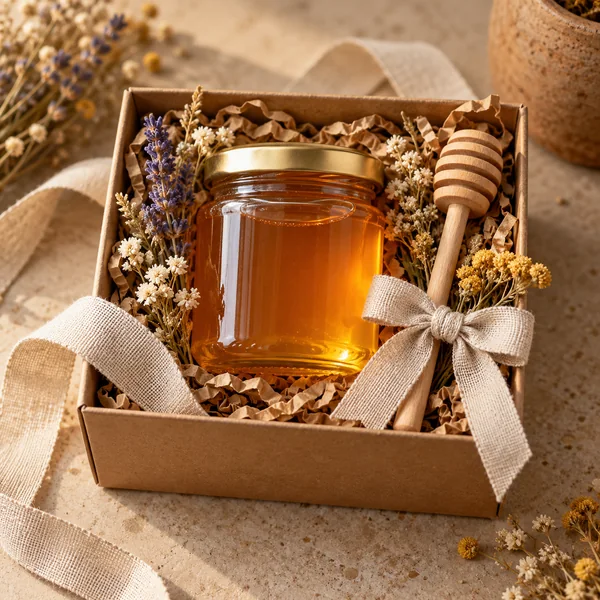 شیشه عسل در جعبه هدیه ساده با روبان پارچه‌ای