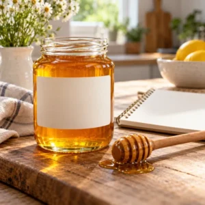 شیشه عسل با برچسب ساده کنار دفترچه برای راهنمای خواندن اطلاعات بسته‌بندی